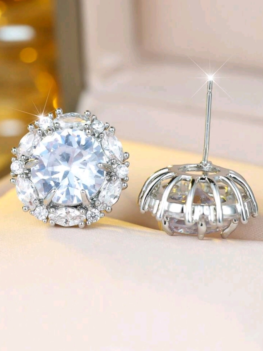 White Rhodium Halo Tourmaline Stud Earrings